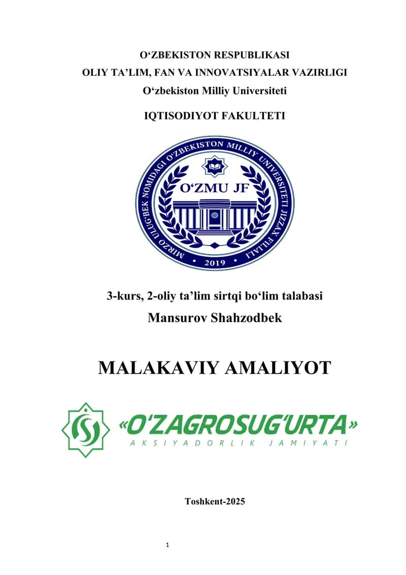 O'zagrosug'urta  amaliyot hisobot    MALAKAVIY AMALIYOT HISOBOTI O'zagrosug'urta