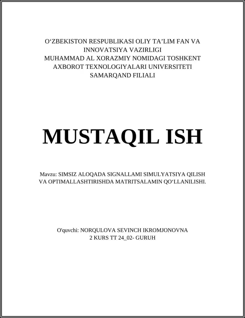MIMO tizimlarida kanal matritsalarining model va simulyatsiyasi