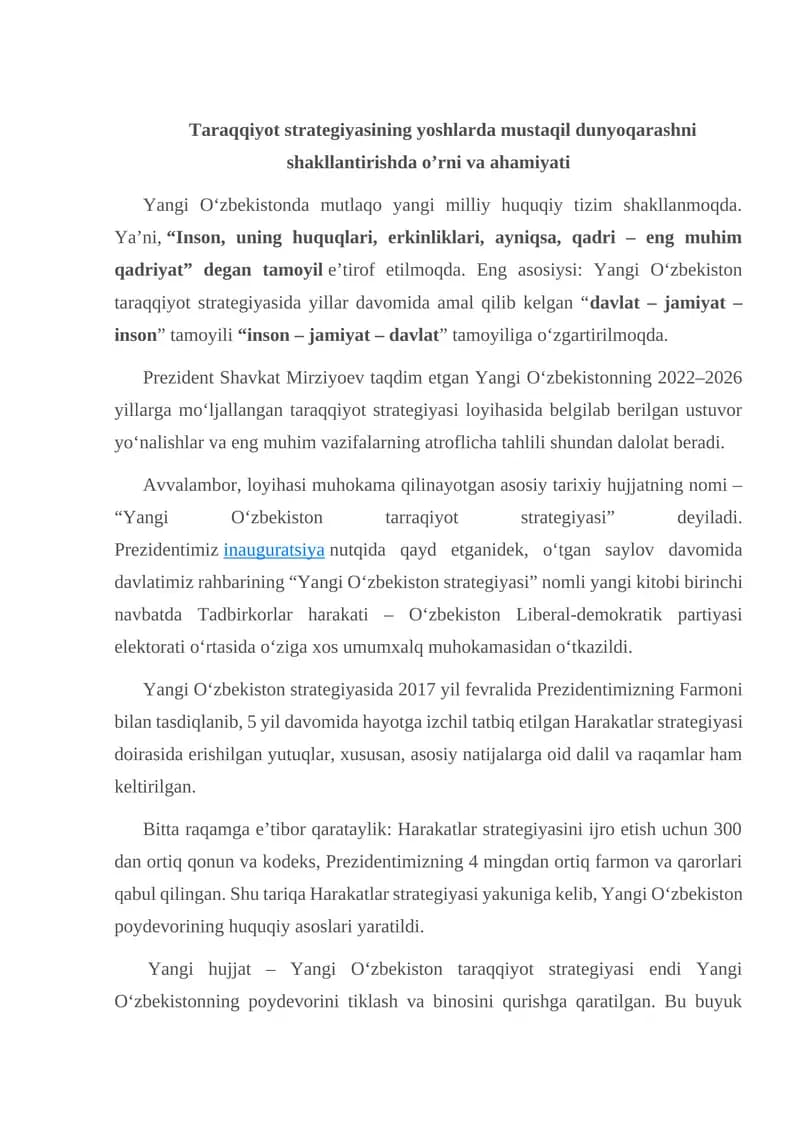 Yangi O‘zbekiston tarraqiyot strategiyasi