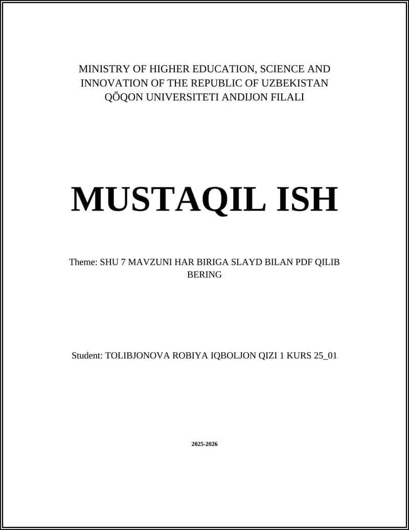 SHU 7 MAVZUNI HAR BIRIGA SLAYD BILAN PDF QILIB BERING