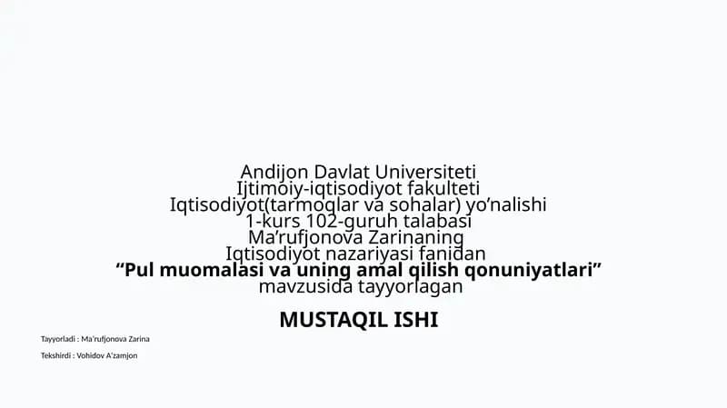 Pu lmuomalasi va uning amal qilish qonuniyatlari