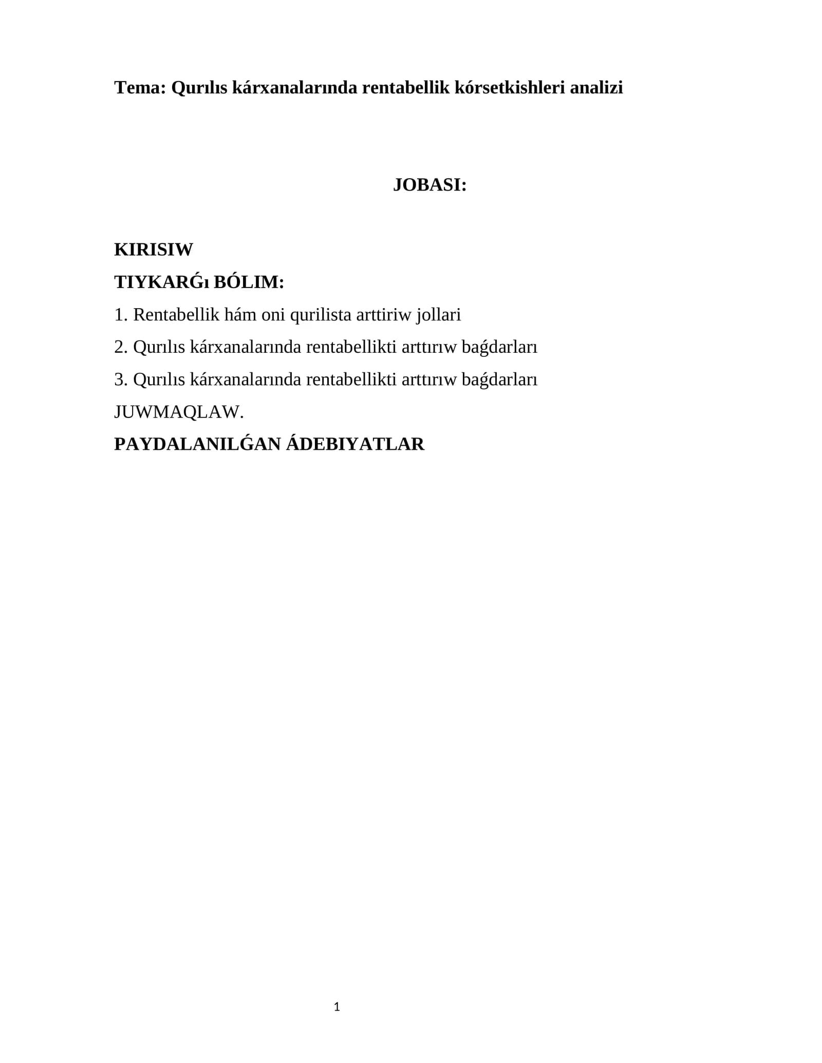 Qurılıs kárxanalarında rentabellik kórsetkishleri analizi