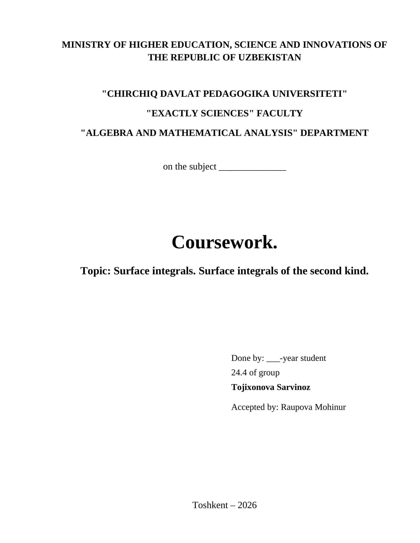 Surface integrals. Surface integrals of the second kind.