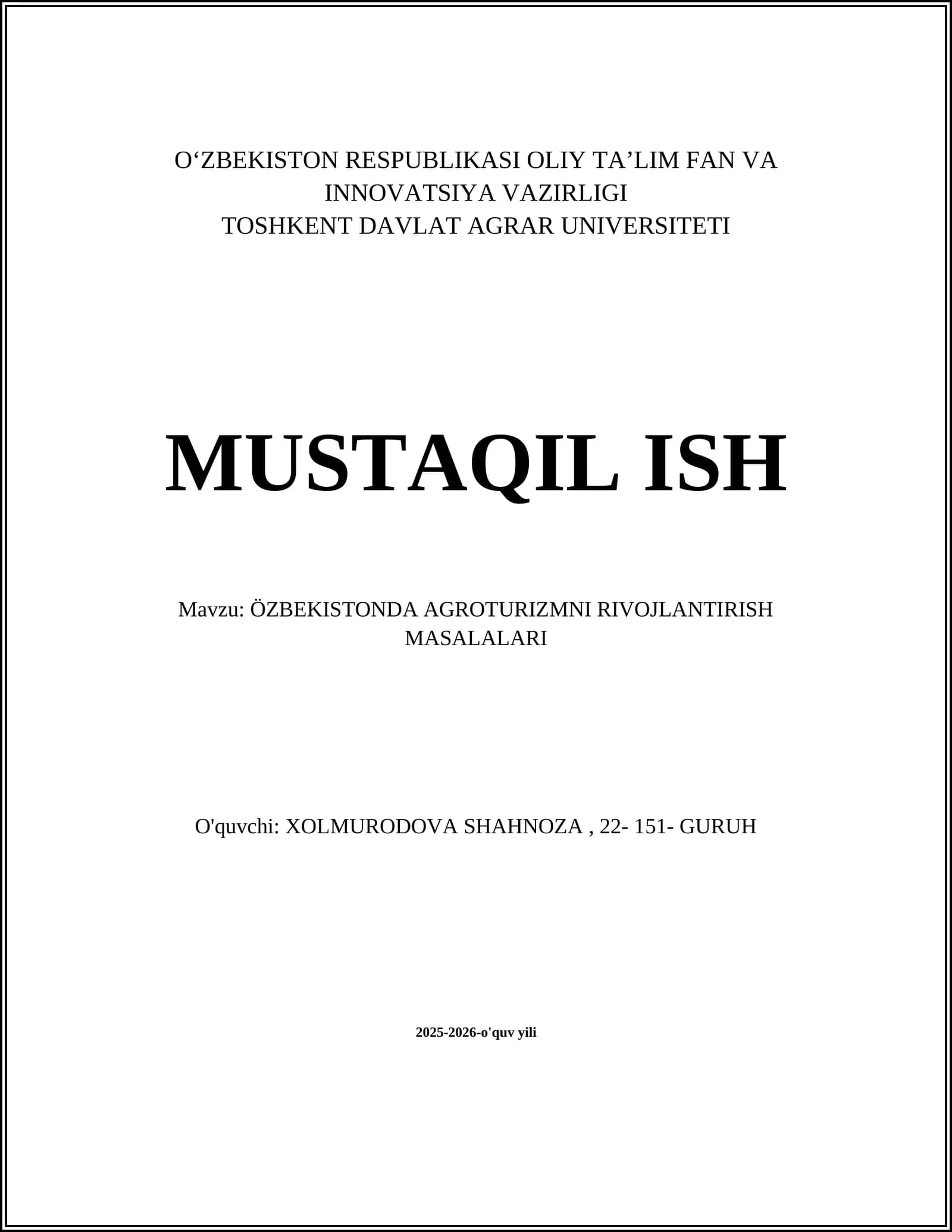 ÖZBEKISTONDA AGROTURIZMNI RIVOJLANTIRISH MASALALARI