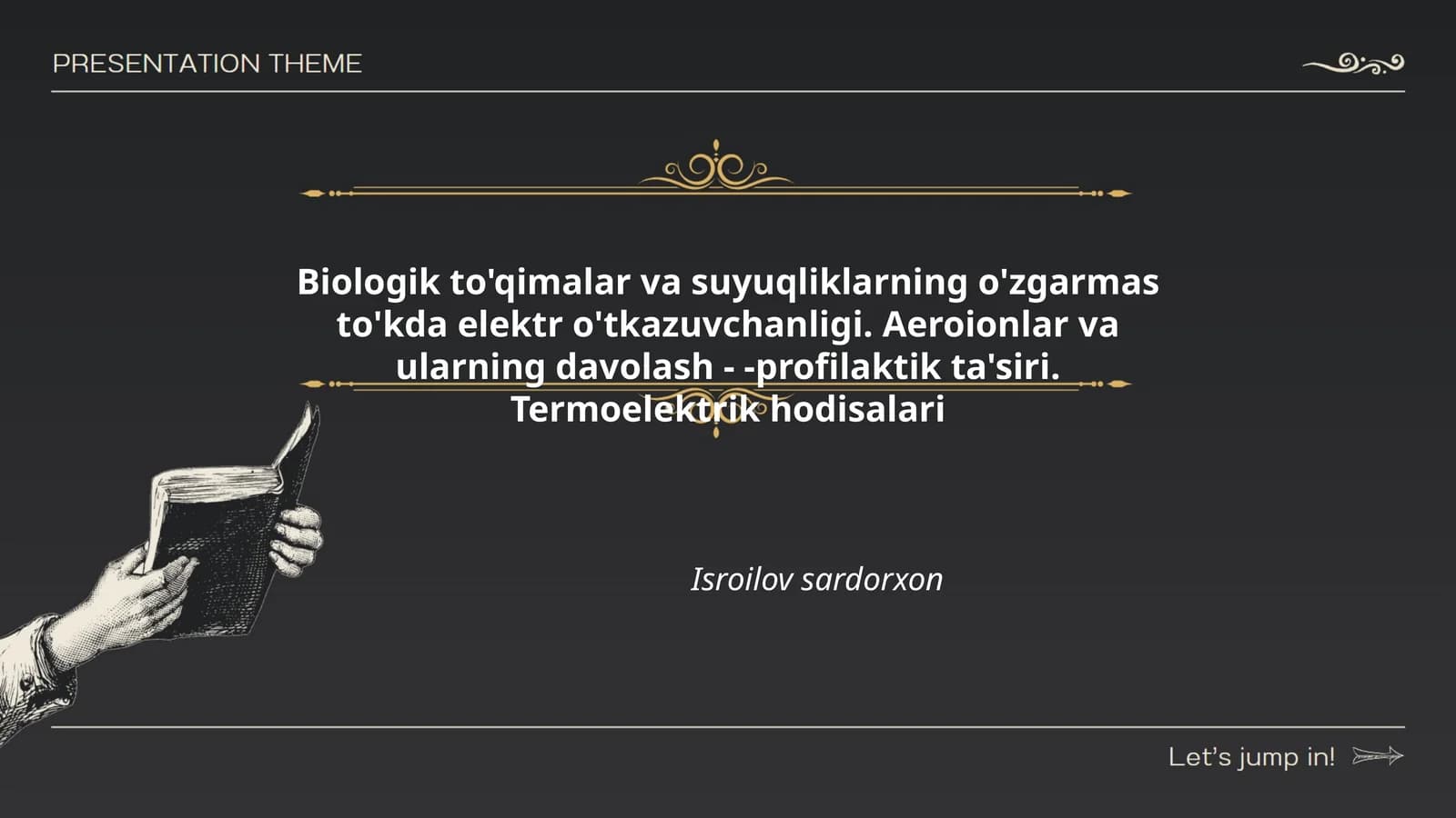 Biologik to'qimalar va suyuqliklarning o'zgarmas to'kda elektr o'tkazuvchanligi. Aeroionlar va ularning davolash - -profilaktik ta'siri. Termoelektrik hodisalari