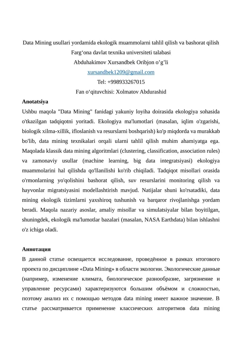 Data Mining usullari yordamida ekologik muammolarni tahlil qilish va bashorat qilish