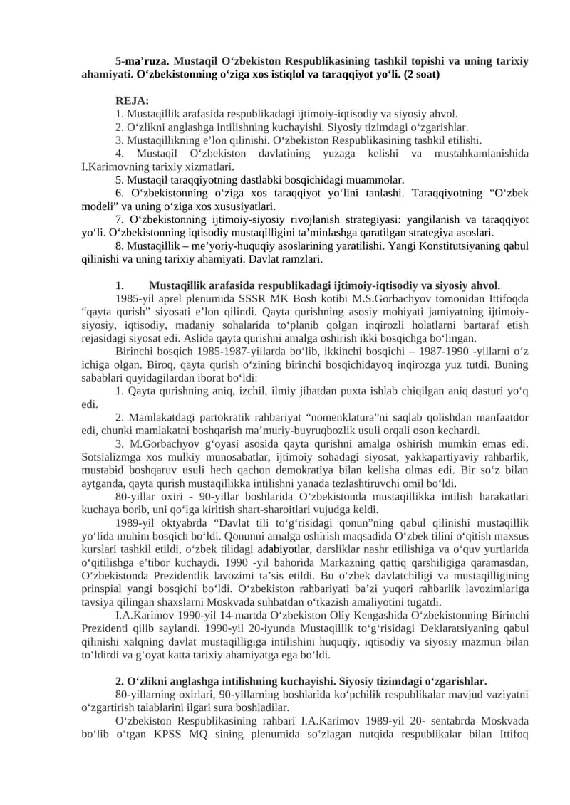 Mustaqil O'zbekiston Respublikasining Tashkil Topishi va Tarixiy Ahamiyati