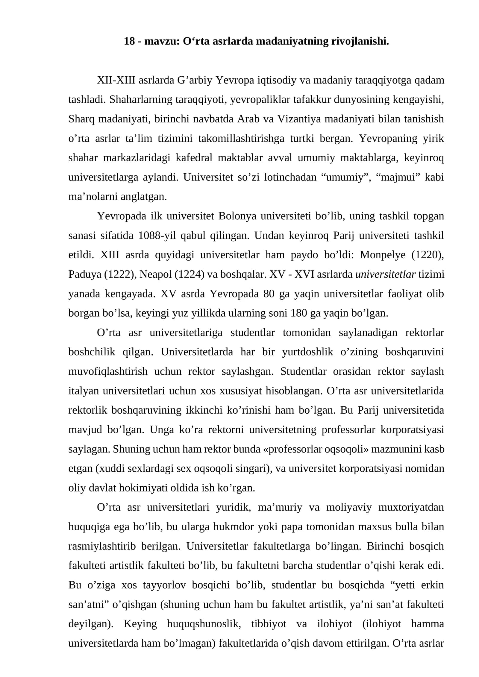 O‘rta asrlarda madaniyatning rivojlanishi