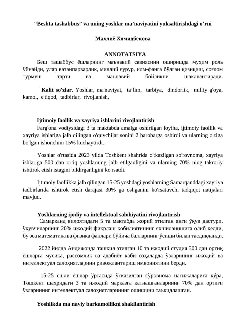 "Beshta tashabbus" va uning yoshlar ma’naviyatini yuksaltirishdagi o’rni