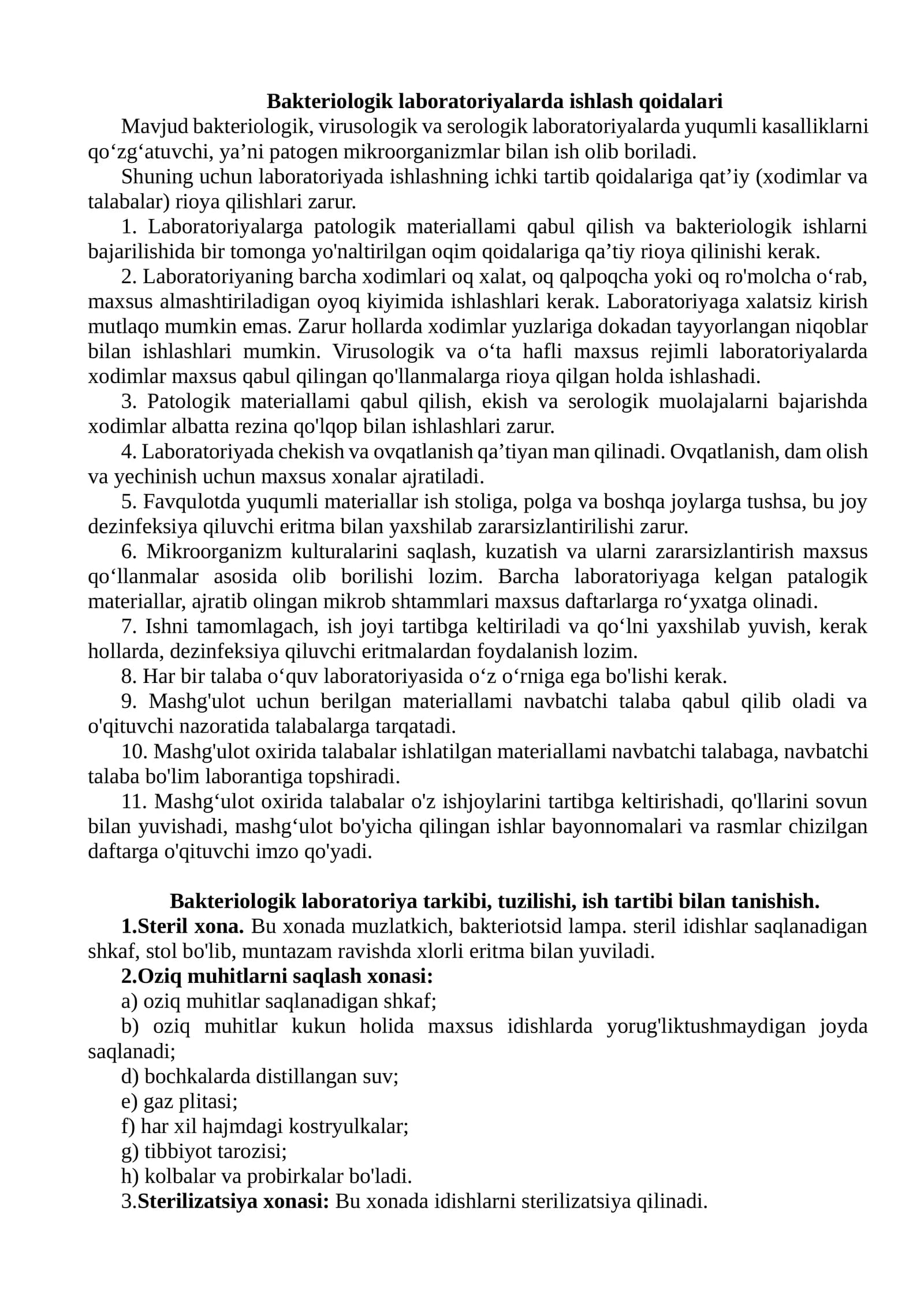 Bakteriologik laboratoriyalarda ishlash qoidalari