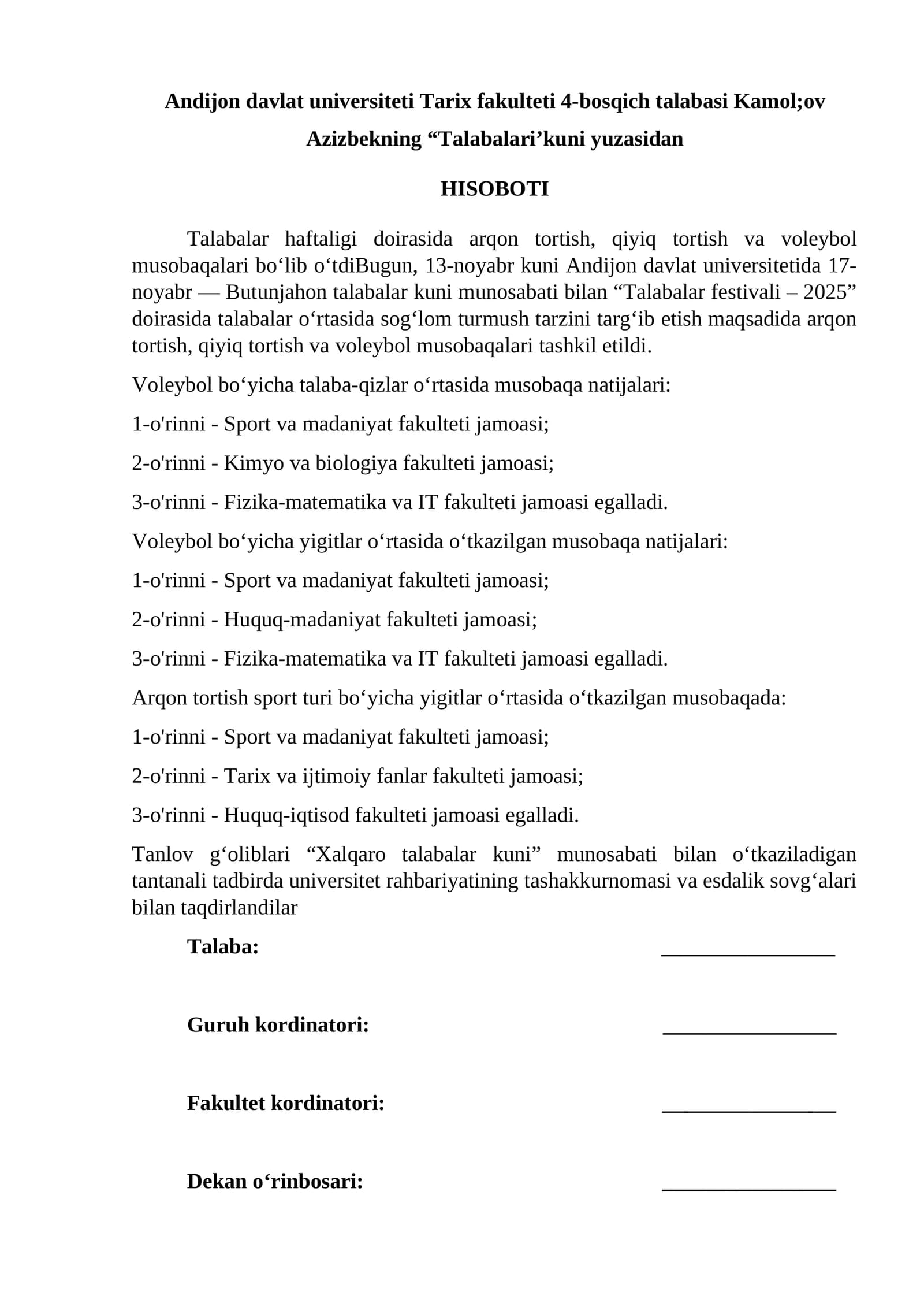 Talabalar’kuni yuzasidan HISOBOTI