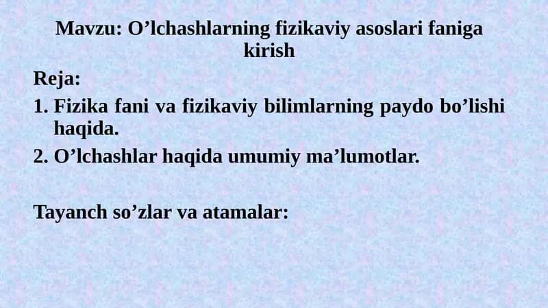 O’lchashlarning fizika viya soslari