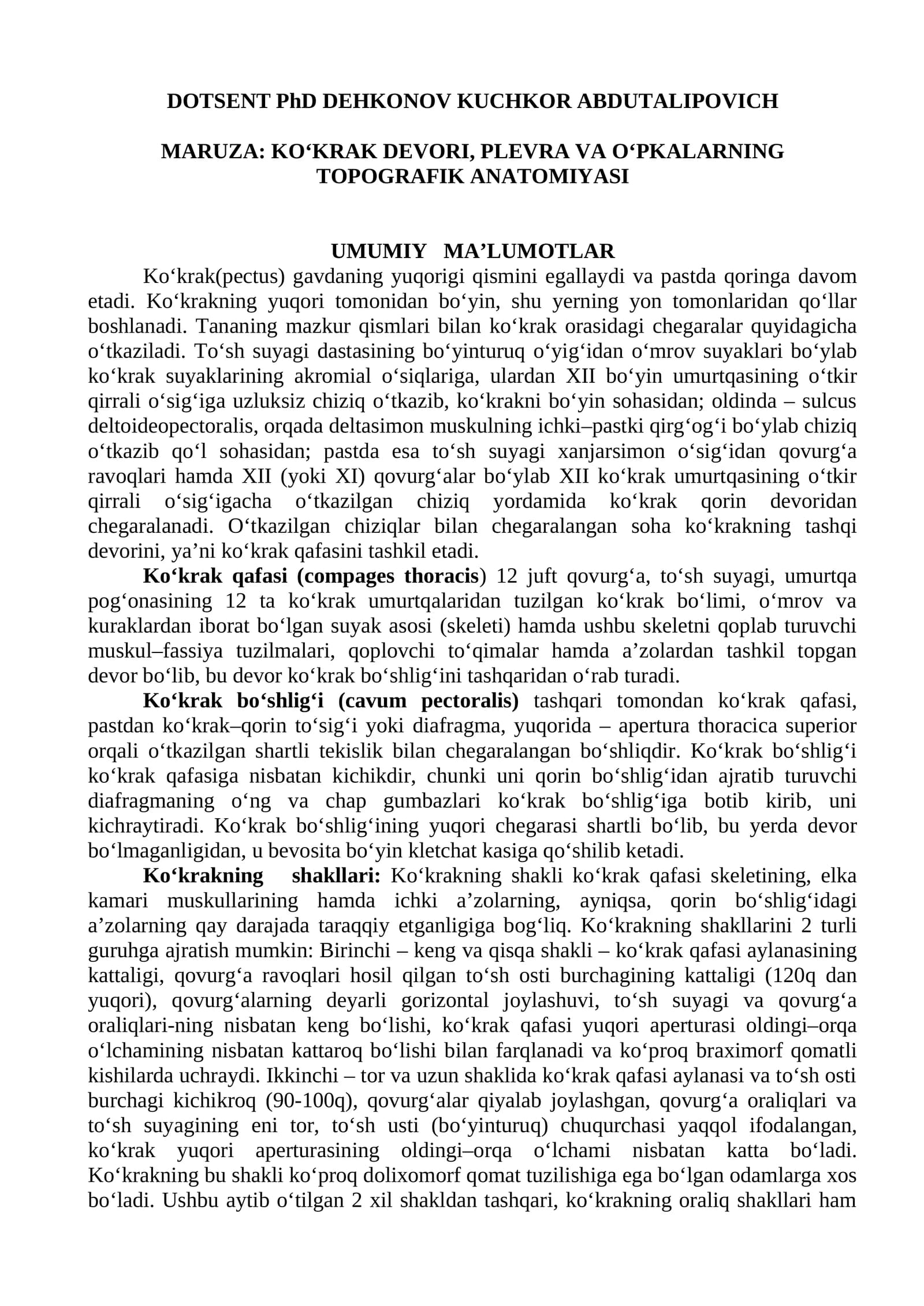 KO‘KRAK DEVORI, PLEVRA VA O‘PKALARNING TOPOGRAFIK ANATOMIYASI