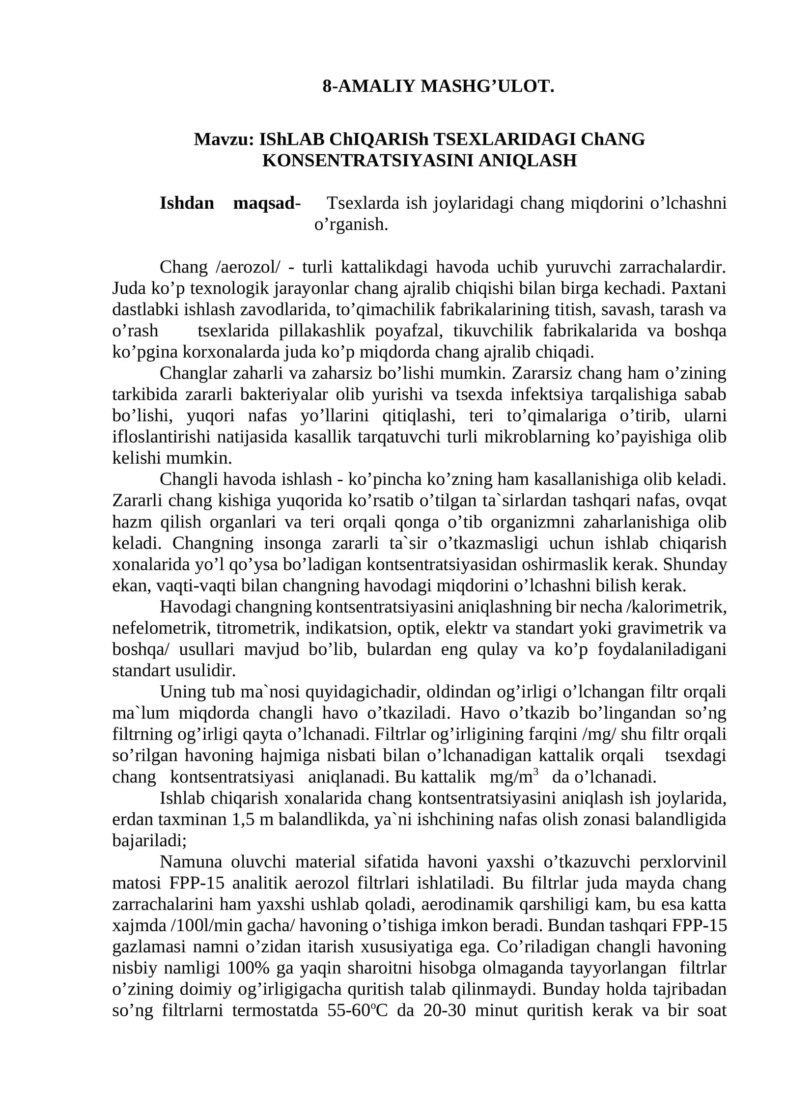IShLАB ChIQАRISh TSEXLARIDAGI ChАNG KONSENTRATSIYASINI ANIQLASH