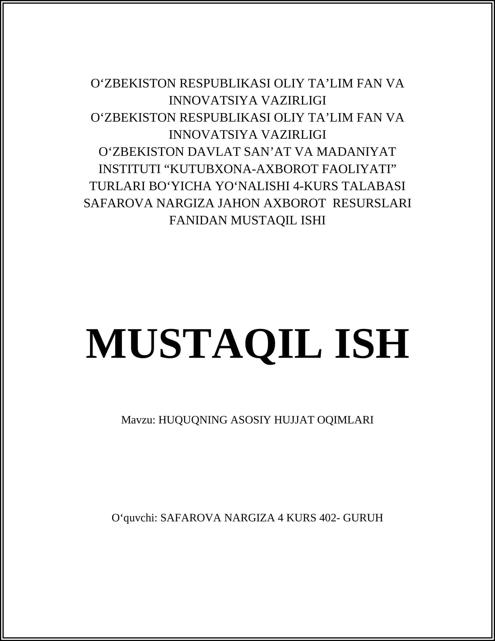 HUQUQNING ASOSIY HUJJAT OQIMLARI