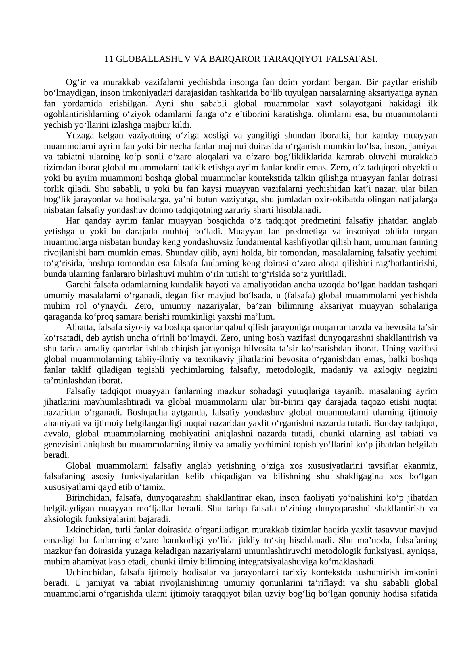 11 GLOBALLASHUV VA BARQAROR TARAQQIYOT FALSAFASI