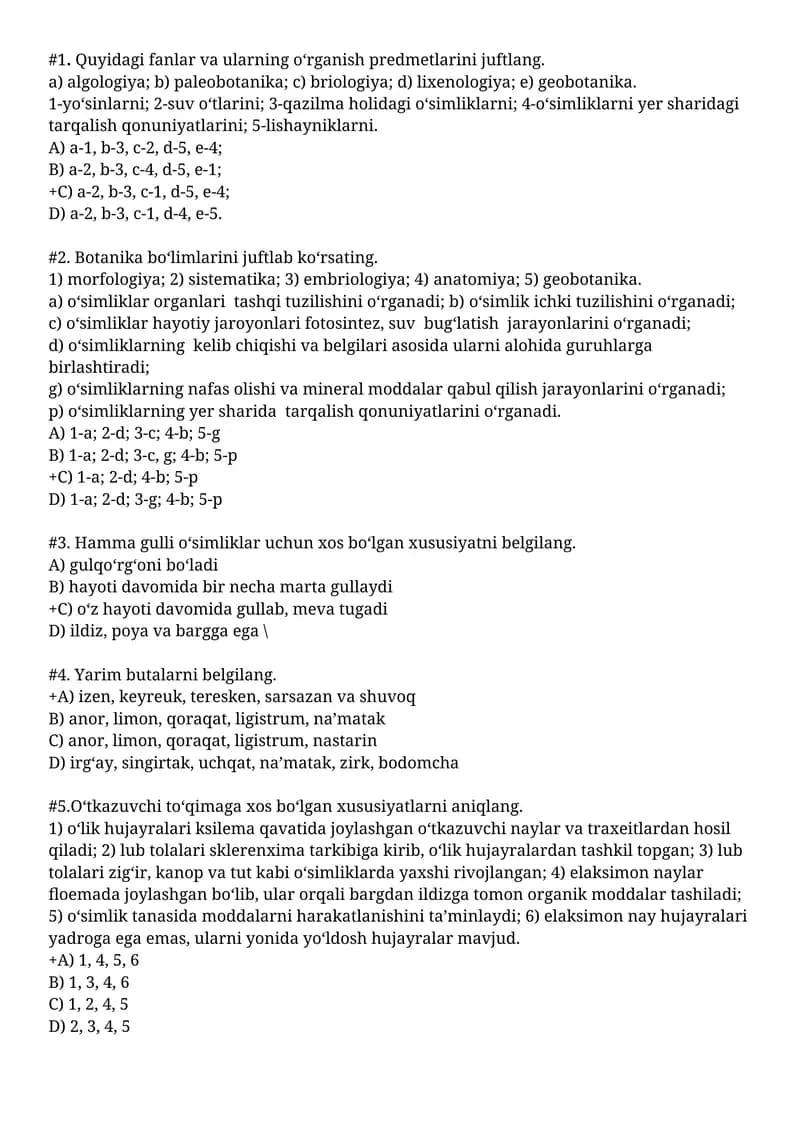 Botanika Fanlari Test Savollari
