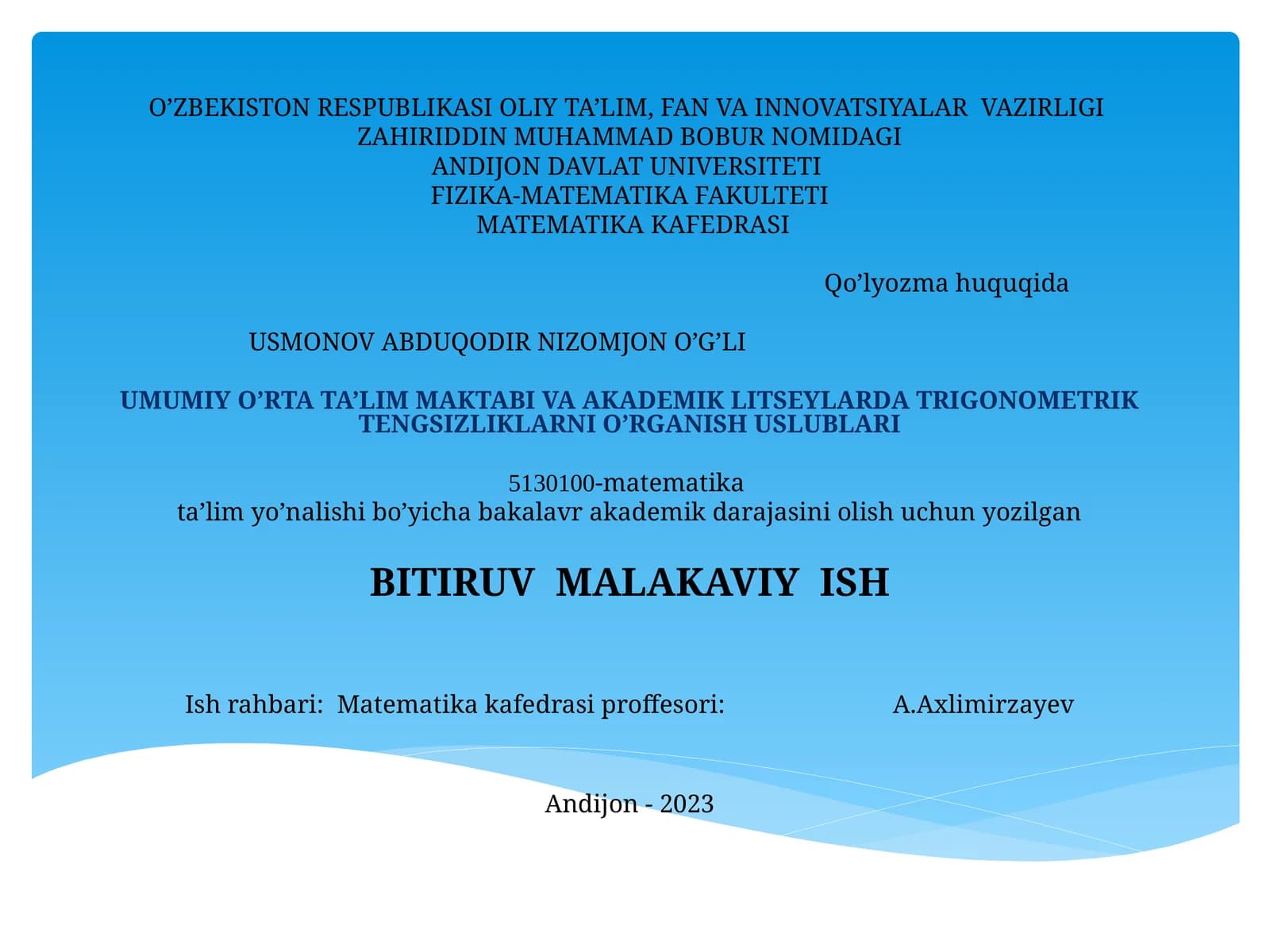 UMUMIY O’RTA TA’LIM MAKTABI VA AKADEMIK LITSEYLARDA TRIGONOMETRIK TENGSIZLIKLARNI O’RGANISH USLUBLARI