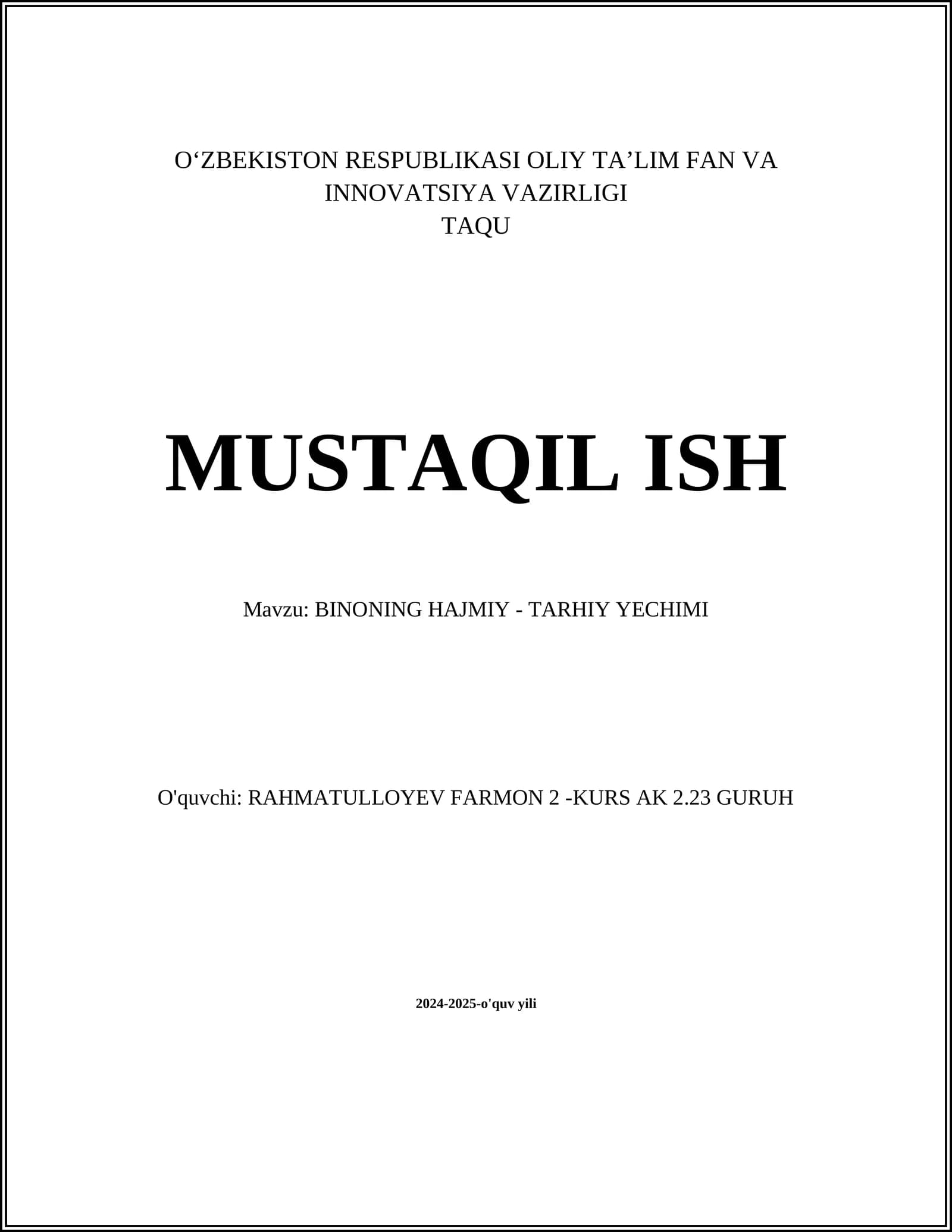 BINONING HAJMIY - TARHIY YECHIMI