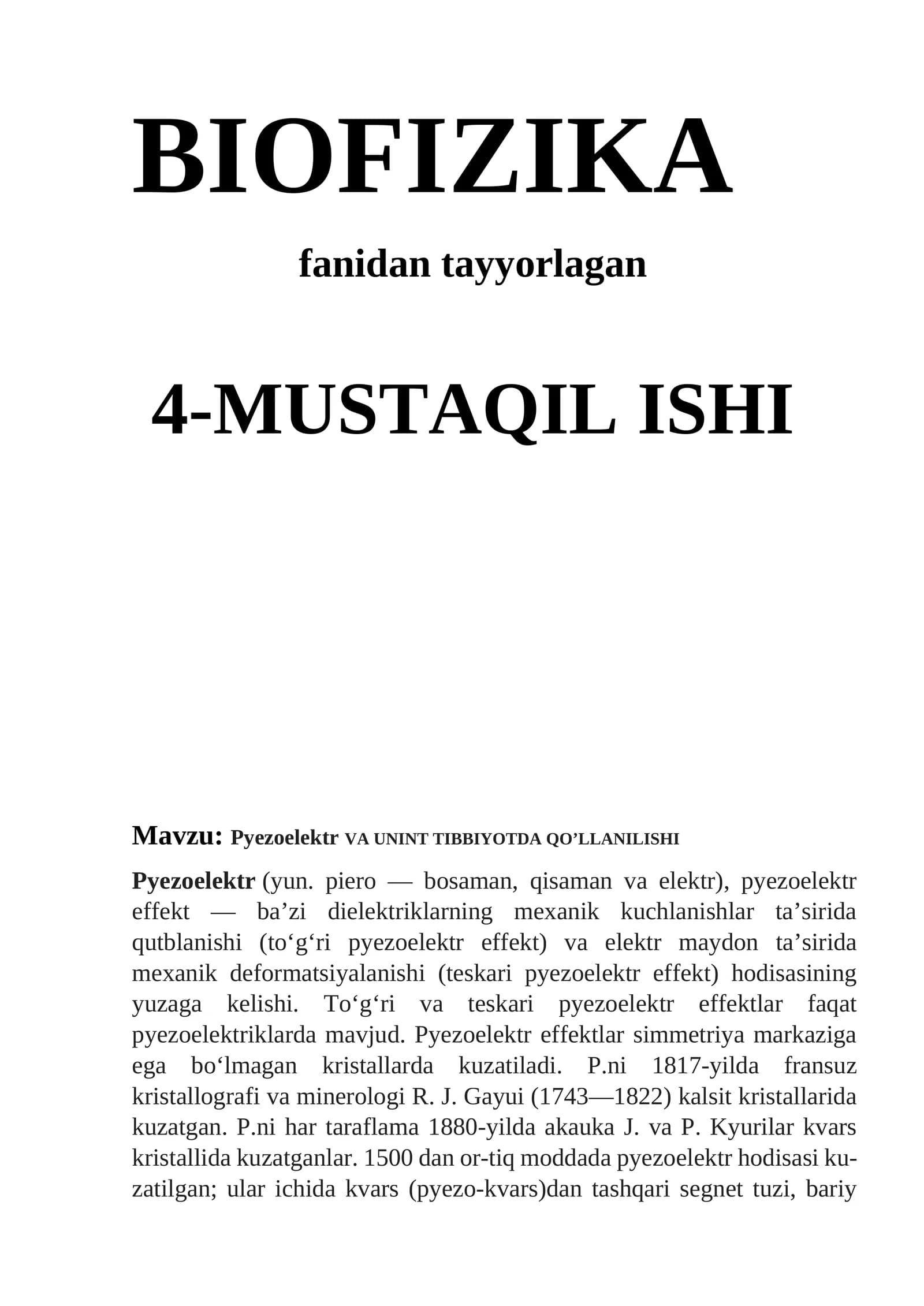 Pyezoelektr VA UNINT TIBBIYOTDA QO’LLANILISHI