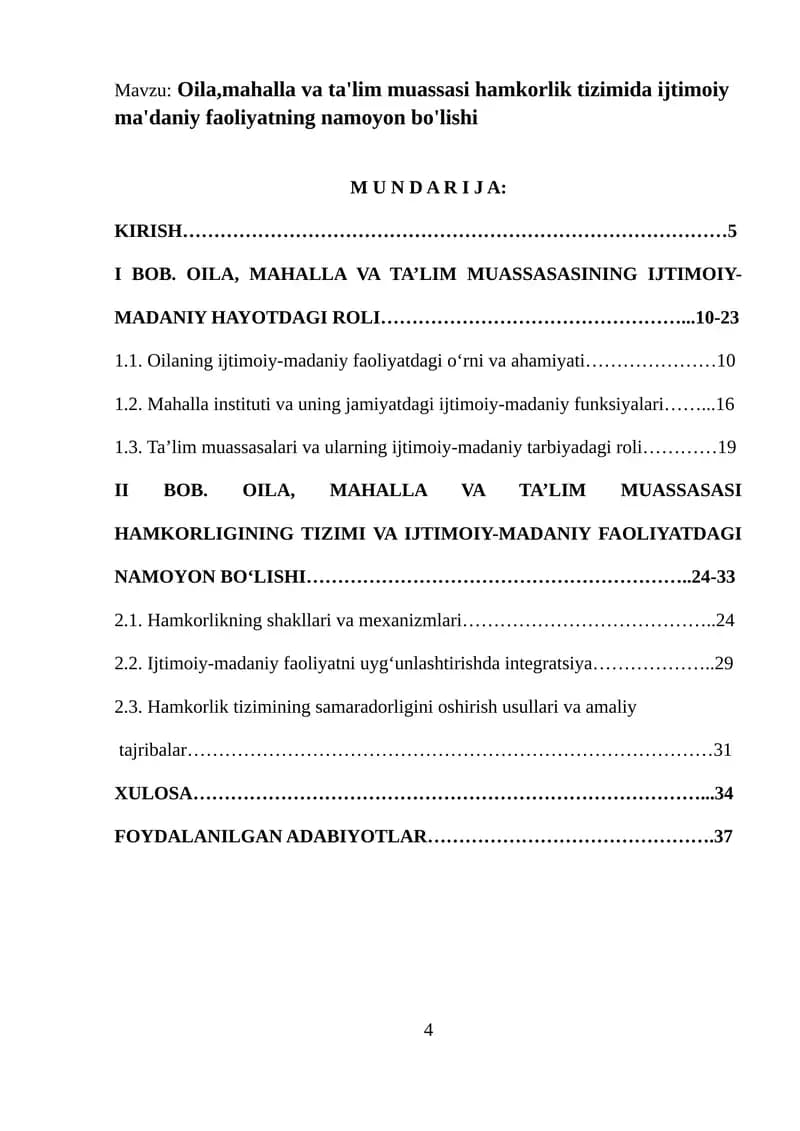 Oila,mahalla va ta'lim muassasi hamkorlik tizimida ijtimoiy ma'daniy faoliyatning namoyon bo'lishi
