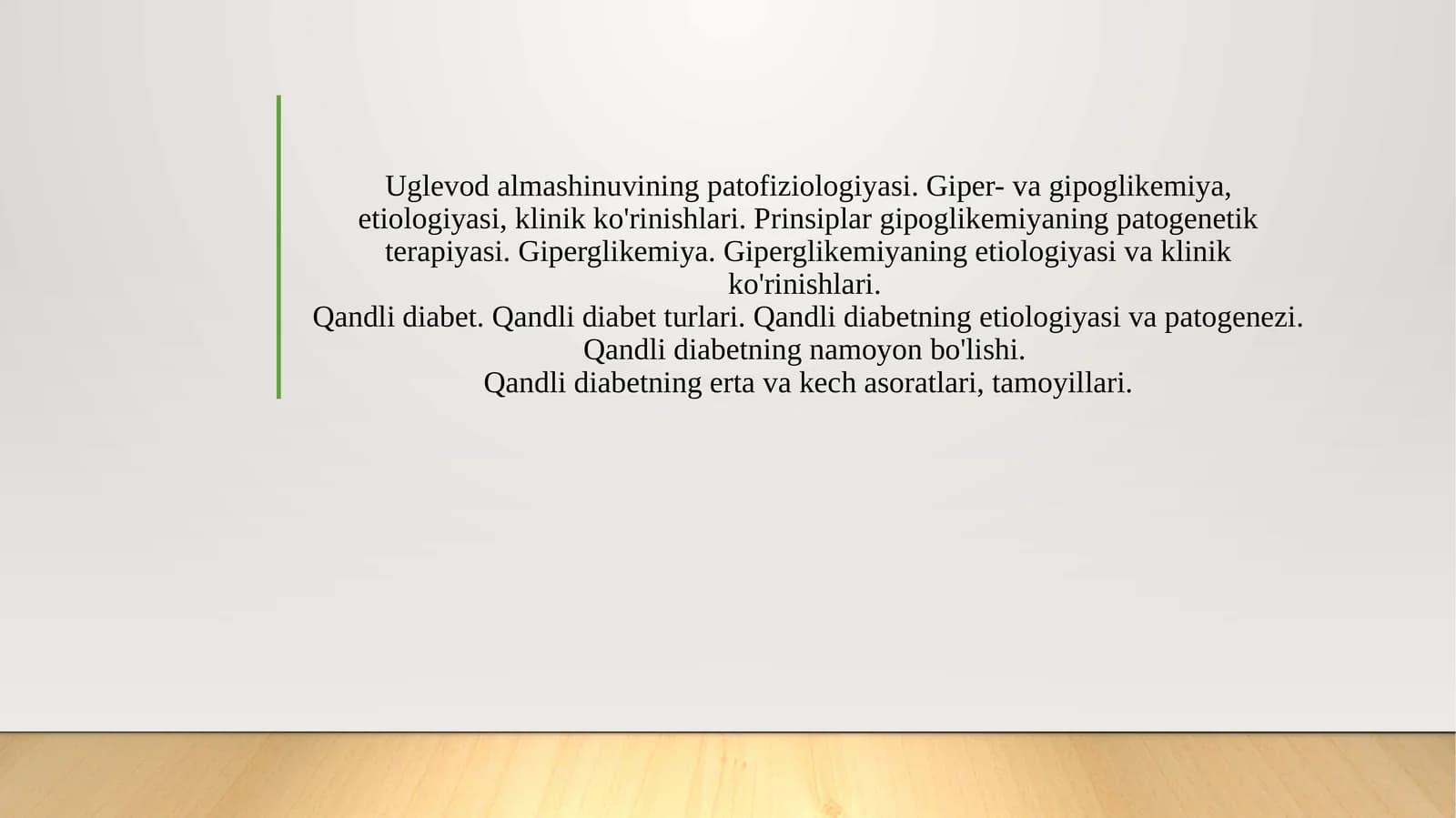 Uglevod almashinuvining patofiziologiyasi. Giper- va gipoglikemiya, etiologiyasi, klinik ko'rinishlari. Prinsiplar gipoglikemiyaning patogenetik terapiyasi. Giperglikemiya. Giperglikemiyaning etiologiyasi va klinik ko'rinishlari. Qandli diabet. Qandli diabet turlari. Qandli diabetning etiologiyasi va patogenezi. Qandli diabetning namoyon bo'lishi. Qandli diabetning erta va kech asoratlari, tamoyillari.
