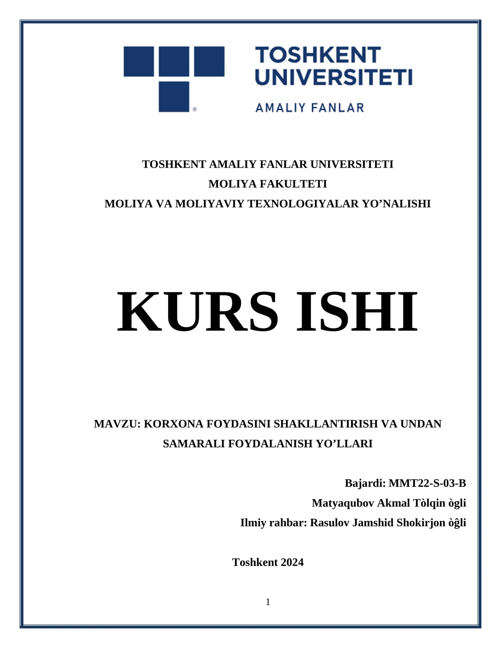 Kurs ishi: Korxona foydasini shakllantirish va undan samarali foydalanish yollari