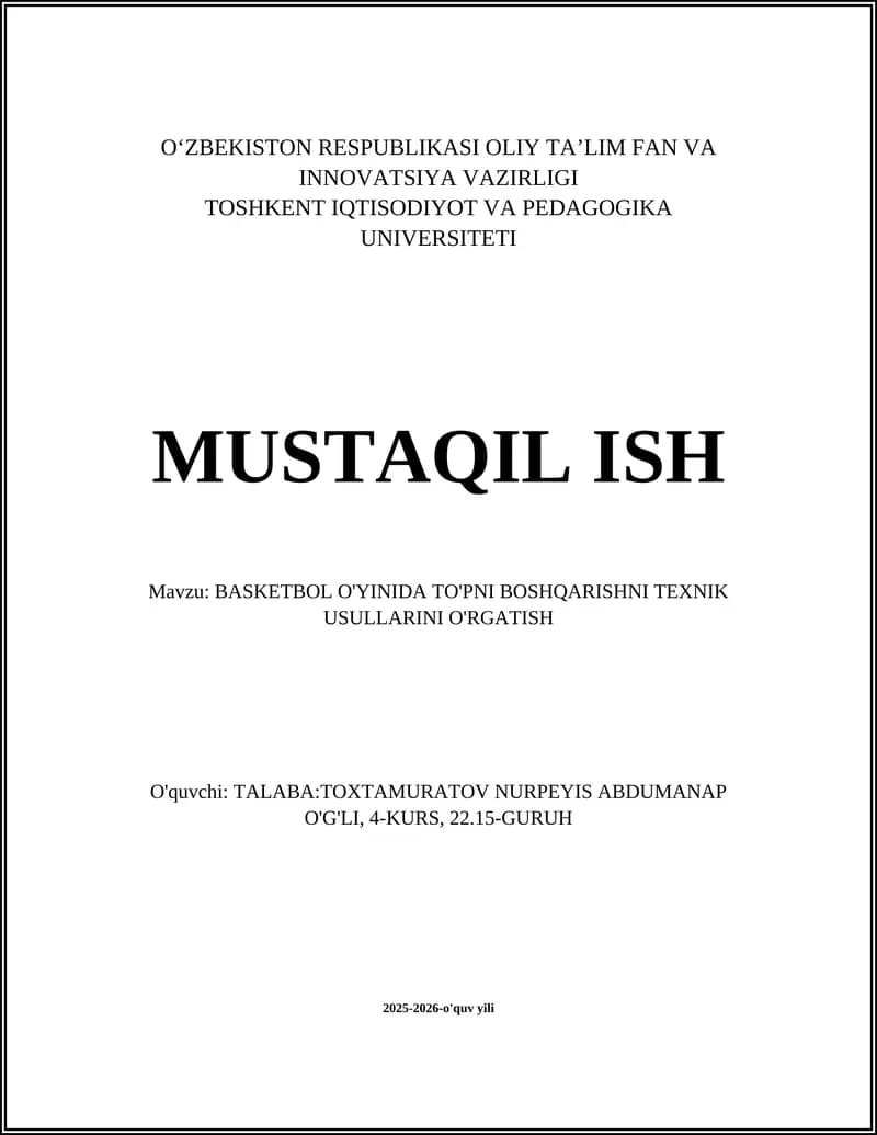 BASKETBOL O'YINIDA TO'PNI BOSHQARISHNI TEXNIK USULLARINI O'RGATISH