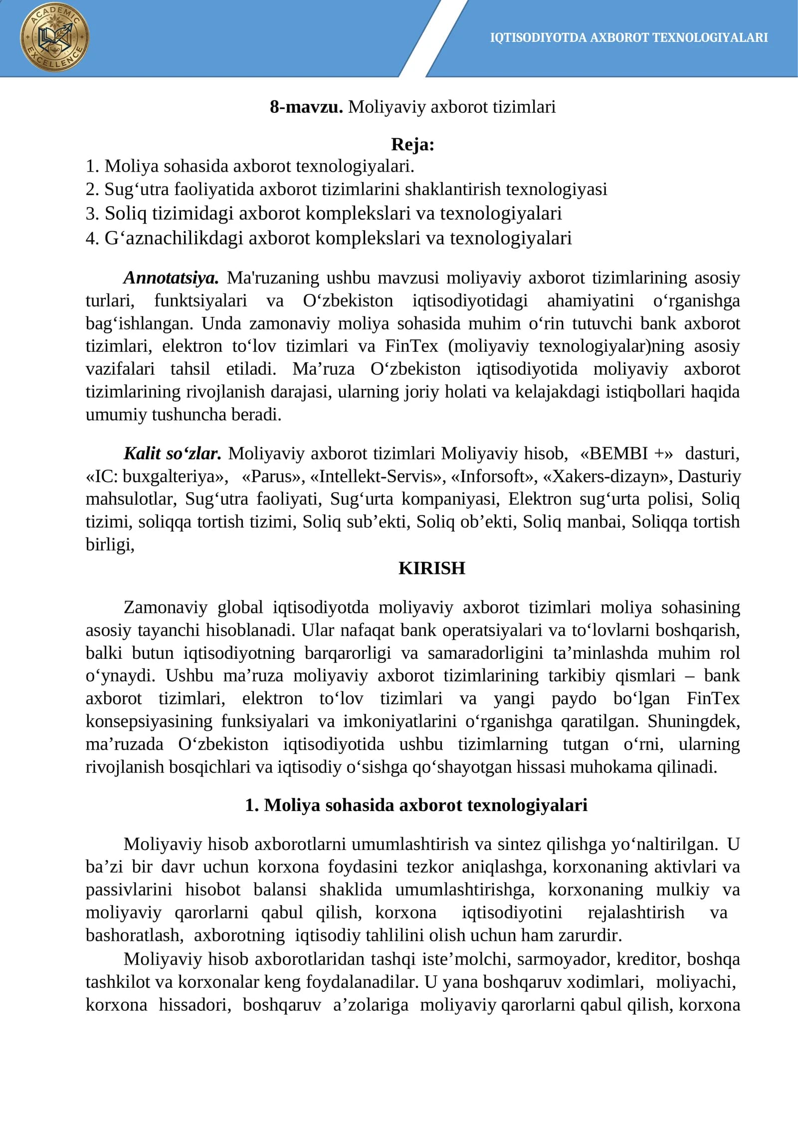 8-mavzu. Moliyaviy axborot tizimlari
