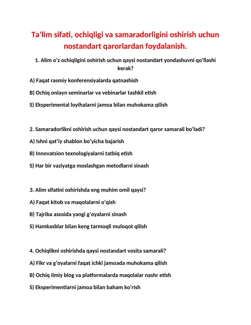 Ta'lim sifati, ochiqligi va samaradorligini oshirish uchun nostandart qarorlardan foydalanish