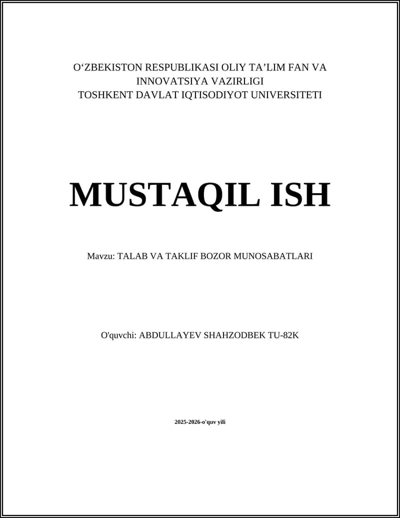 TALAB VA TAKLIF BOZOR MUNOSABATLARI