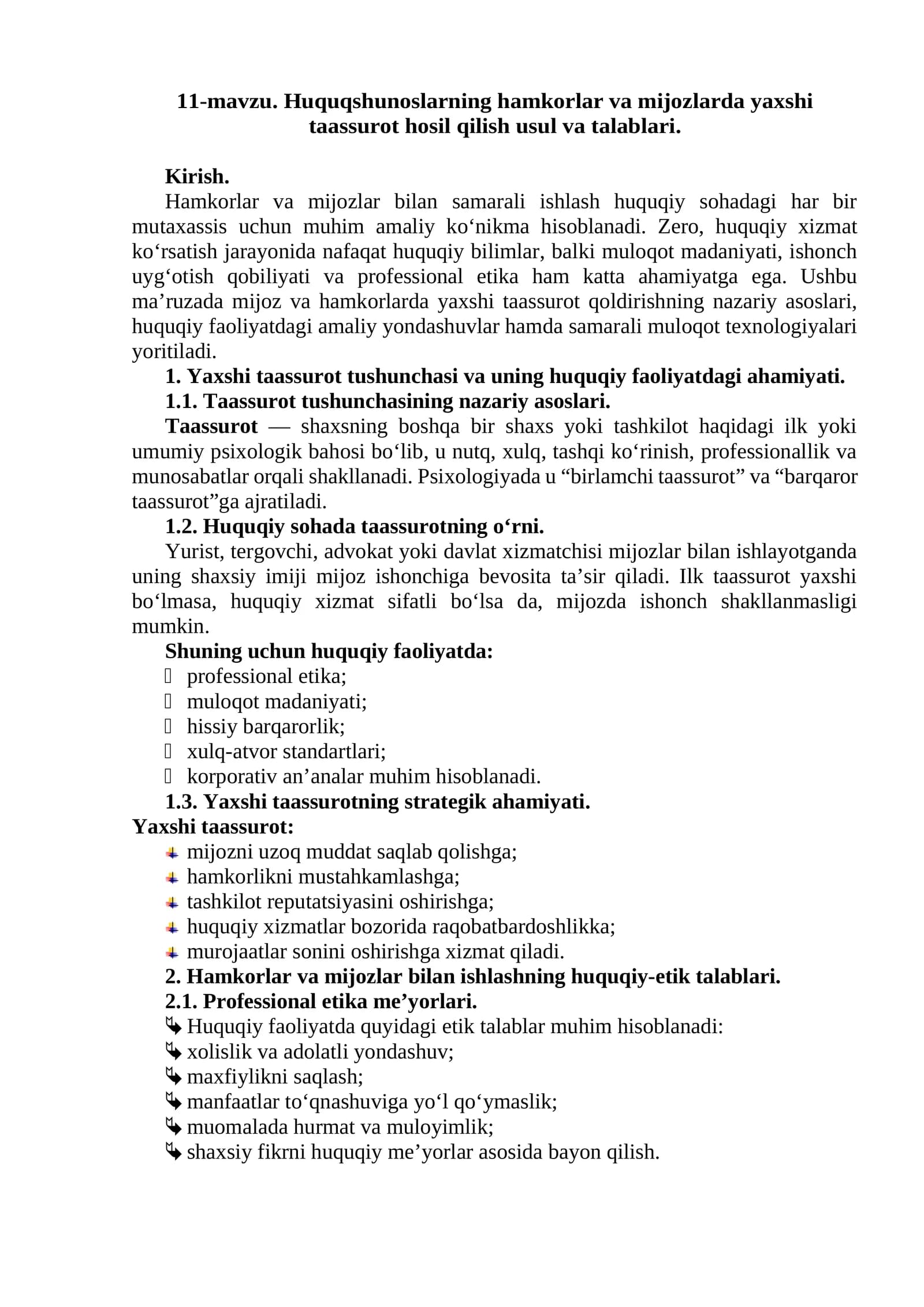 Hamkorlar va mijozlarda yaxshi taassurot hosil qilish usul va talablari