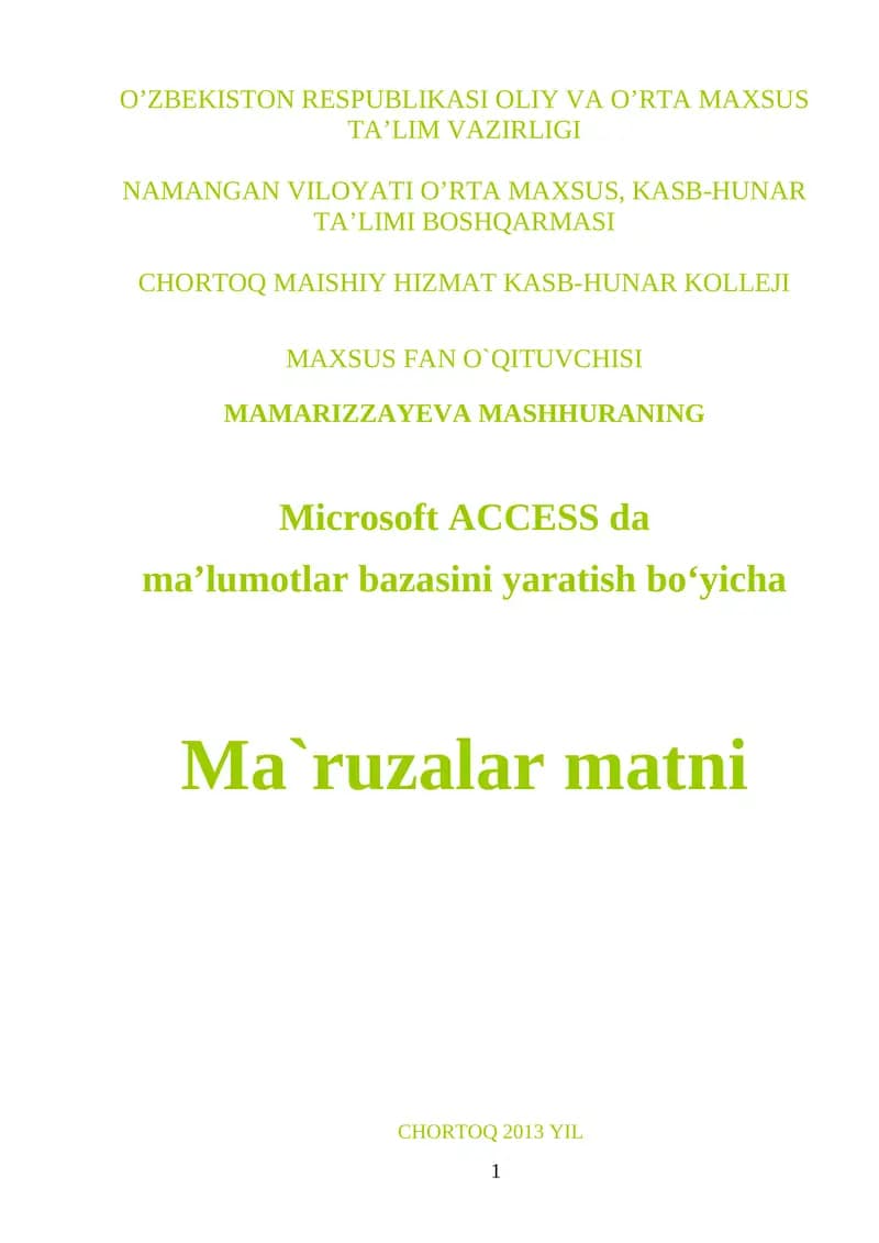 Microsoft ACCESS dа mа’lumotlar bazasini yaratish bo‘yicha