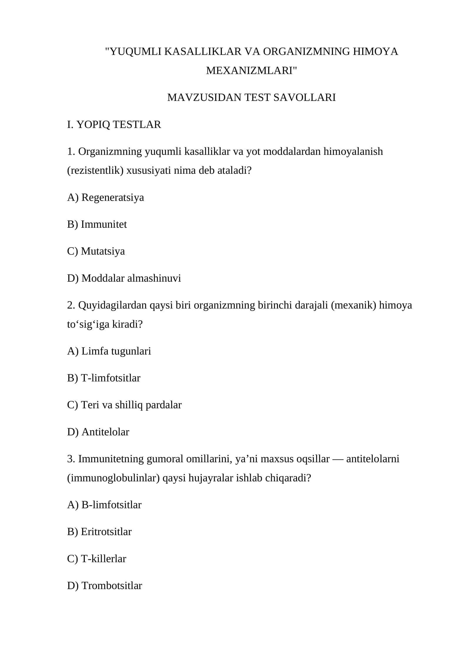 YUQUMLI KASALLIKLAR VA ORGANIZMNING HIMOYA MEXANIZMLARI