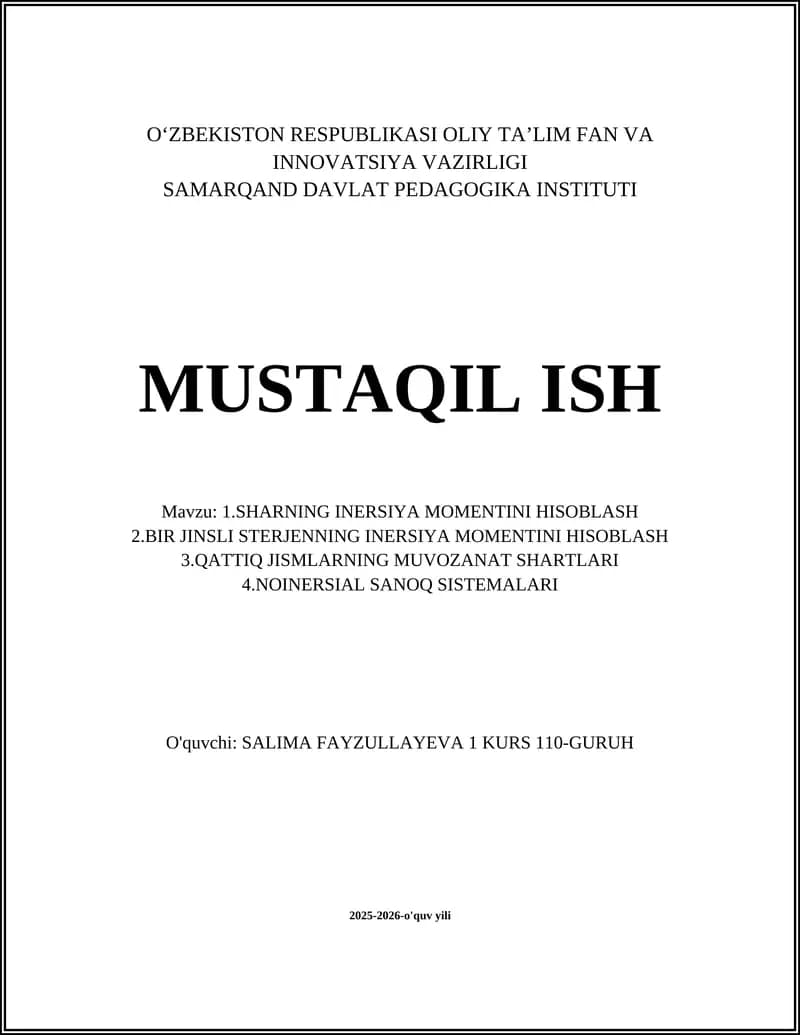 Sharning Inersiya Momentini Hisoblash
