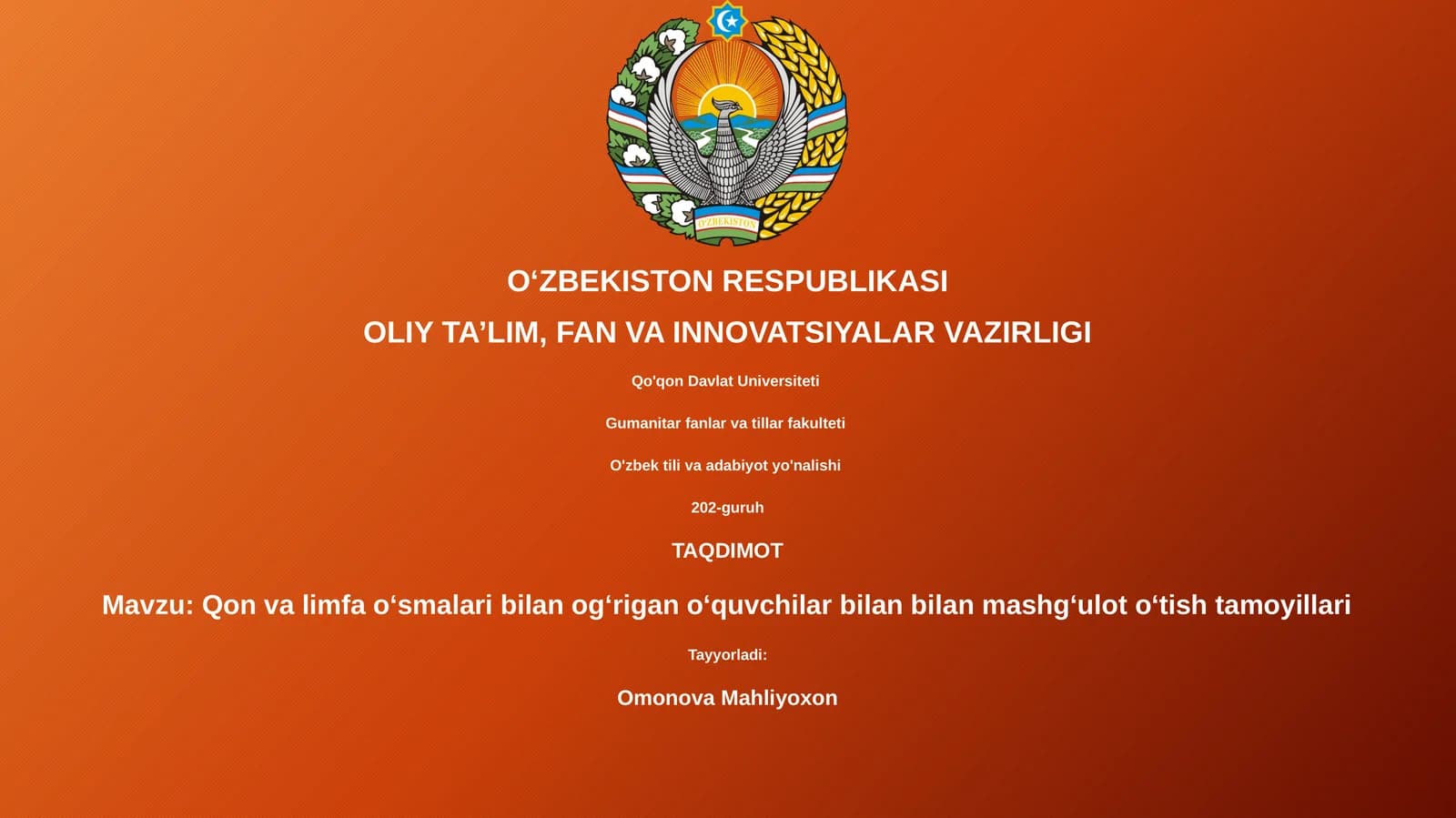 Qon va limfa oʻsmalari bilan ogʻrigan oʻquvchilar bilan mashgʻulot oʻtish tamoyillari