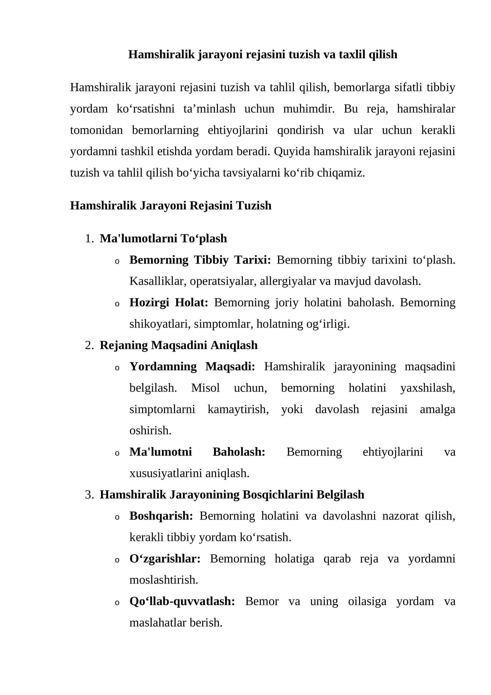 Hamshiralik Jarayoni Rejasini Tuzish va Taxlil Qilish