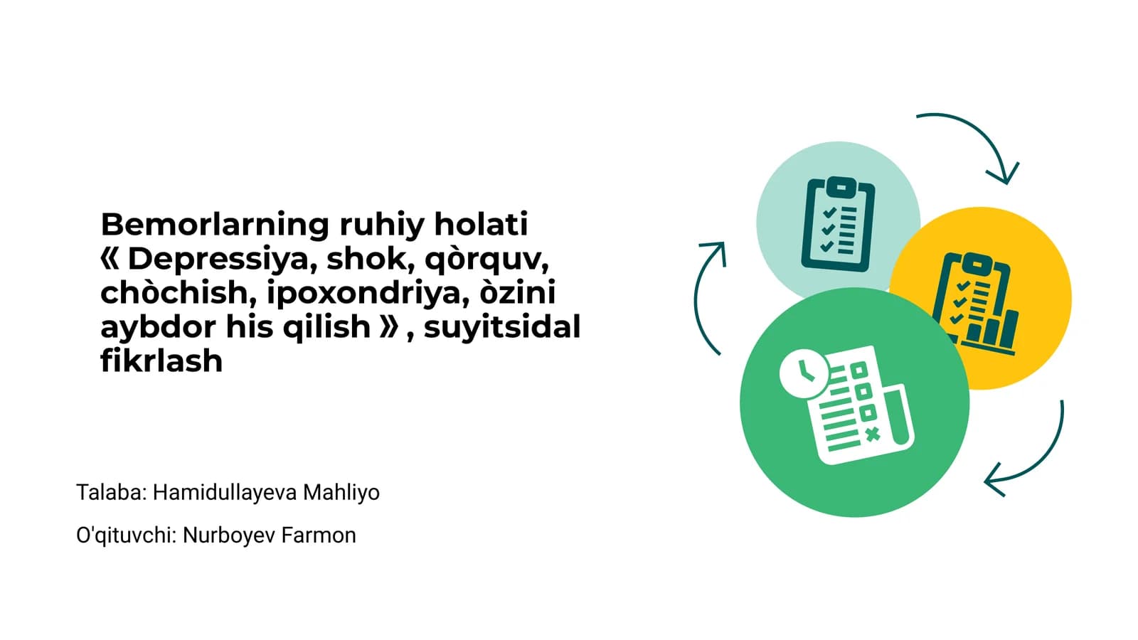 Bemorlarning ruhiy holati: Depressiya, shok, qòrquv, chòchish, ipoxondriya, òzini aybdor his qilish