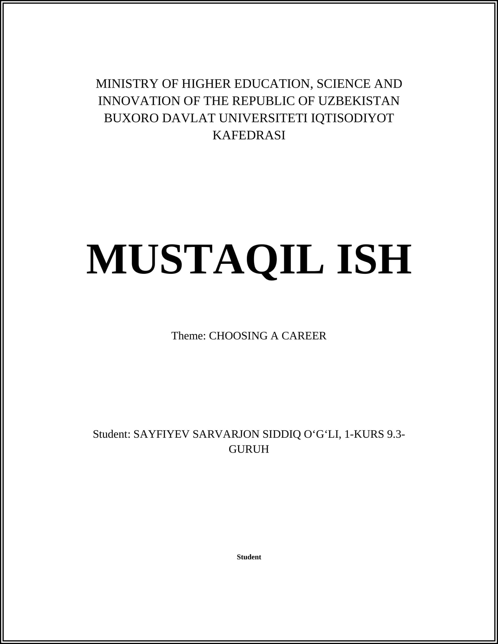 Mavzu: Kasbni tanlash / Theme: CHOOSING A CAREER