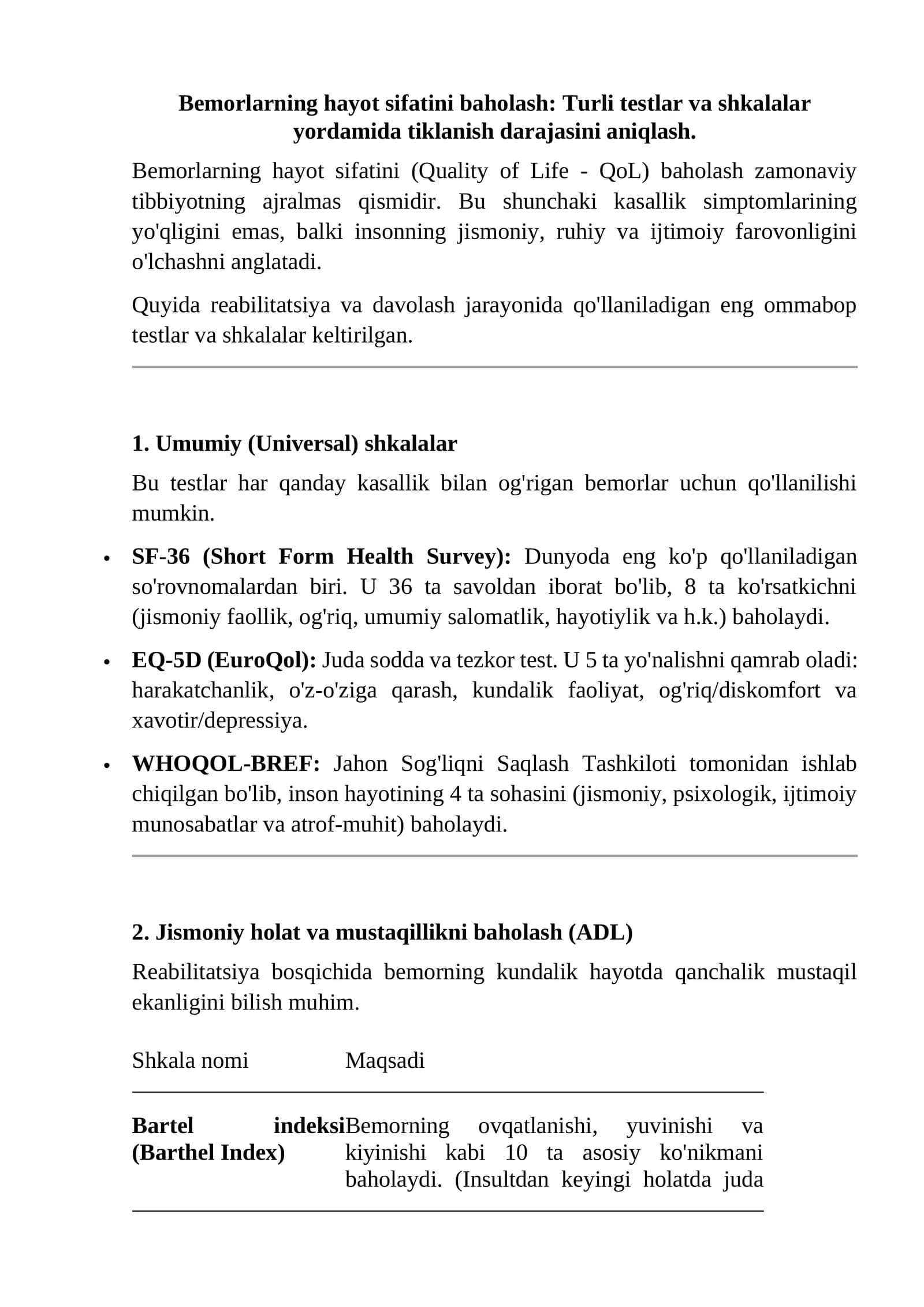 Bemorlarning hayot sifatini baholash