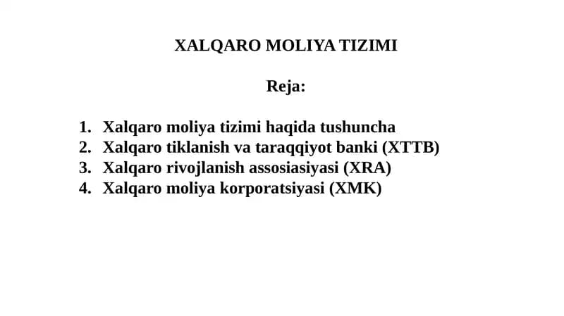 XALQARO MOLIYA TIZIMI
