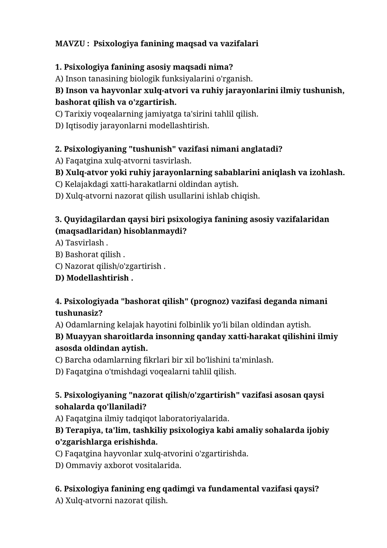 Psixologiya fanining maqsad va vazifalari