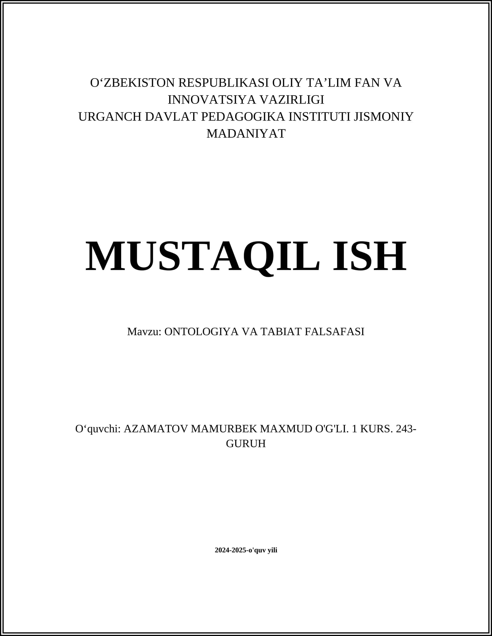 ONTOLOGIYA VA TABIAT FALSAFASI