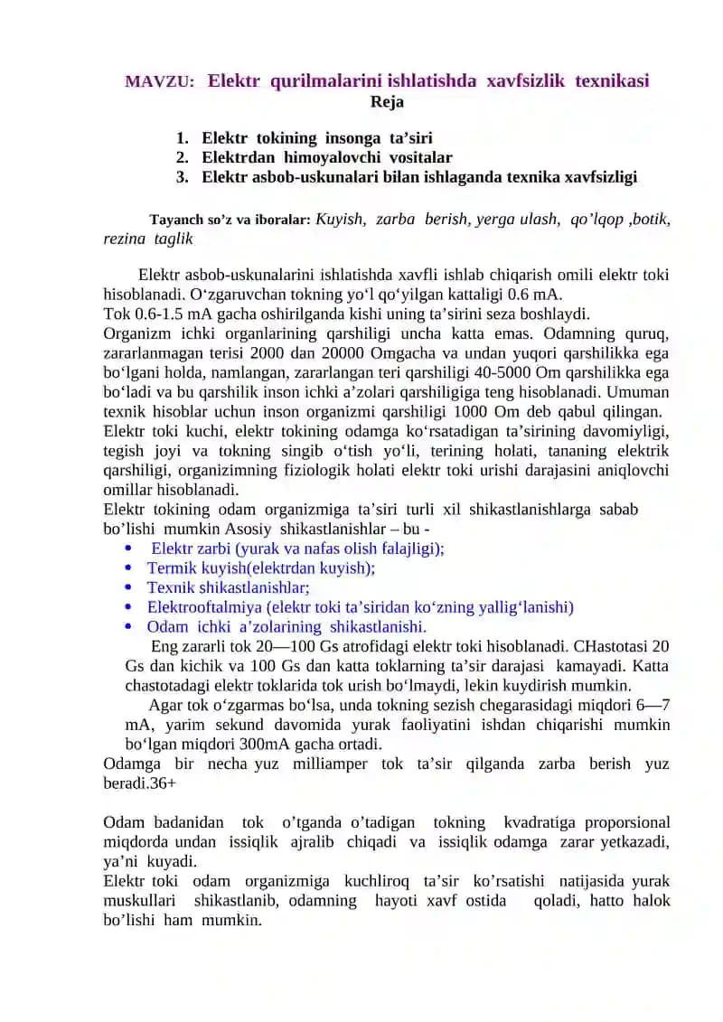 Elektr qurilmalarini ishlatishda xavfsizlik texnikasi