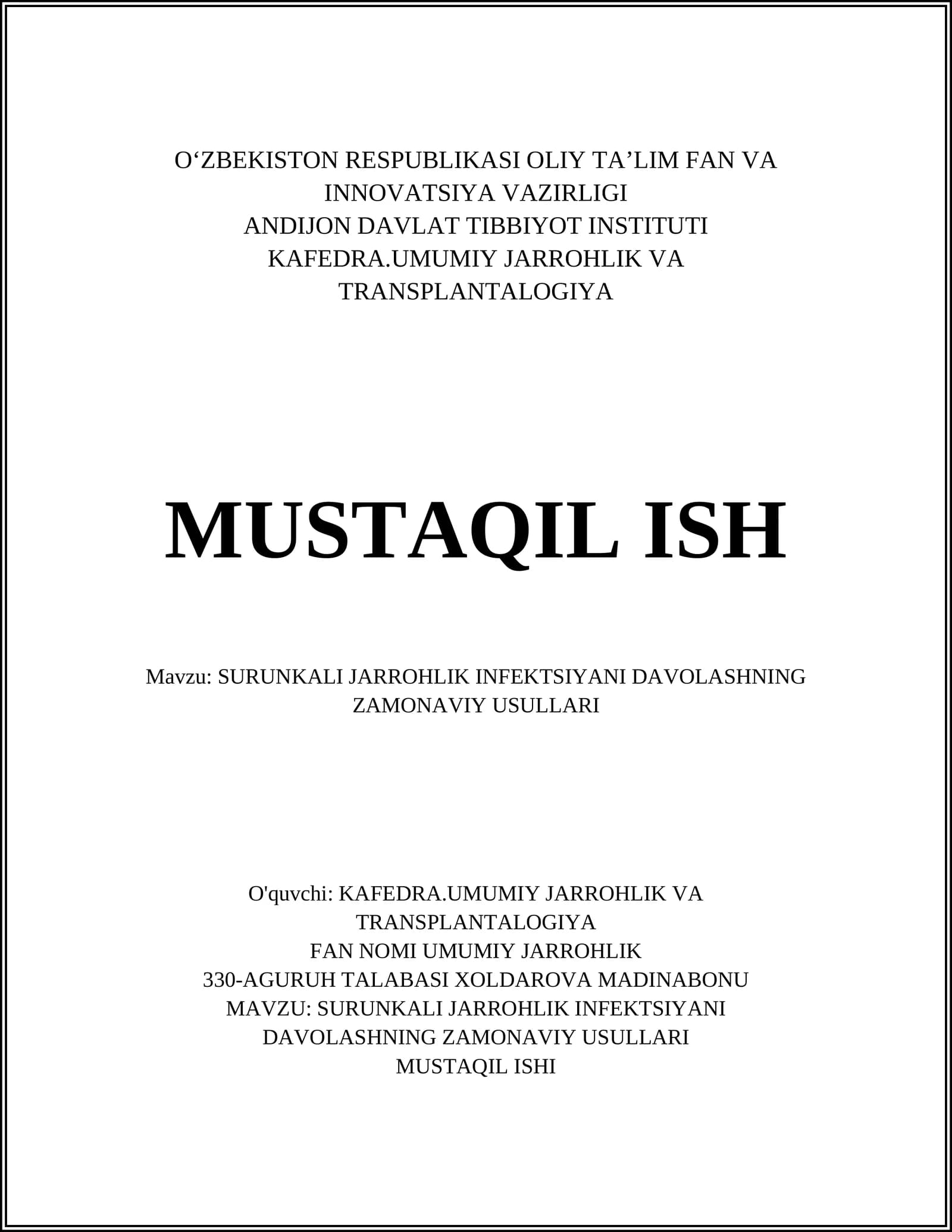 SURUNKALI JARROHLIK INFEKTSIYANI DAVOLASHNING ZAMONAVIY USULLARI