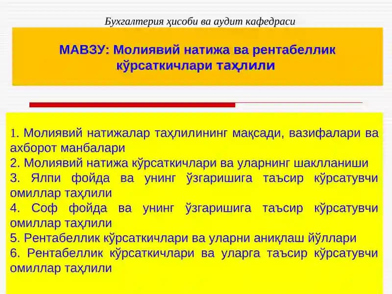 Mолиявий натижа ва рентабеллик кўрсаткичларитаҳлили
