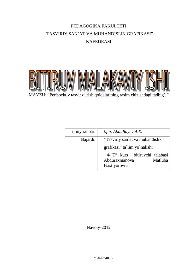 Perispektiv tasvir qurish qoidalarining rasim chizishdagi tadbig`i
