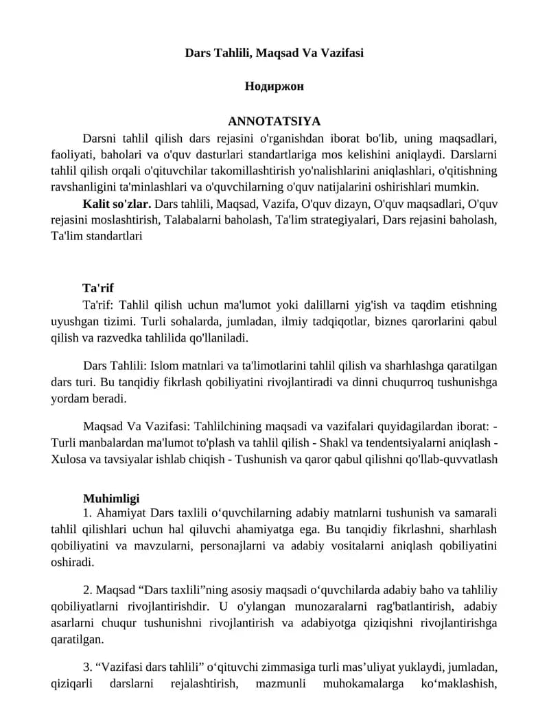 Dars Tahlili, Maqsad Va Vazifasi