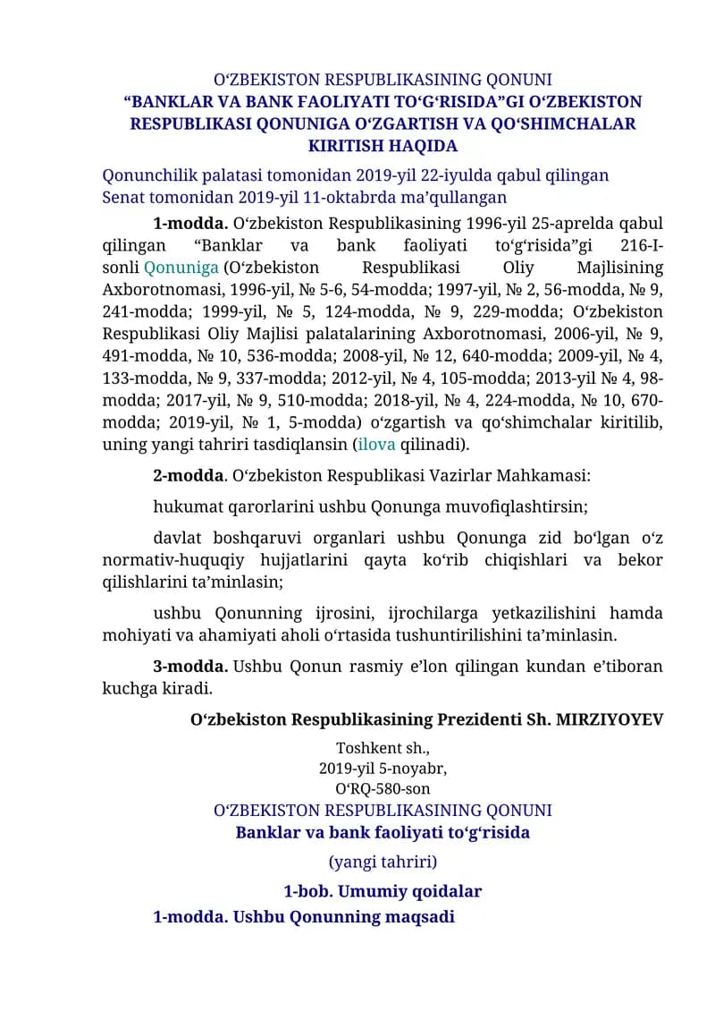 O‘zbekiston Respublikasining Qonuni “Banklar va bank faoliyati to‘g‘risida”gi O‘zbekiston Respublikasi Qonuniga O‘zgartish va Qo‘shimchalar Kiritish Haqida