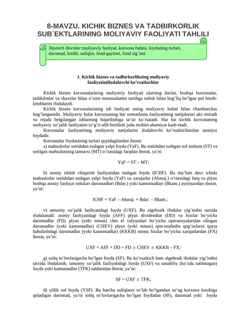 KICHIK BIZNES VA TADBIRKORLIK SUB'EKTLARINING MOLIYAVIY FAOLIYATI TAHLILI